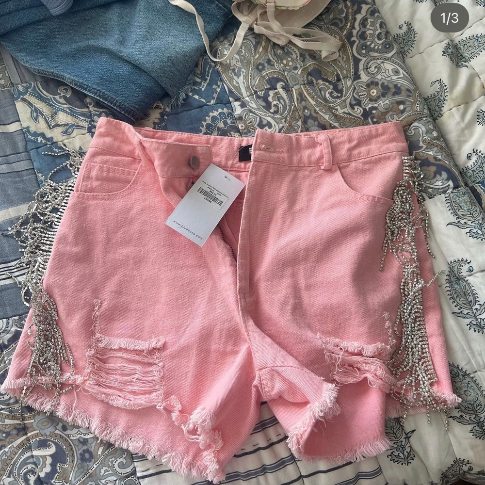 Blue Busa pink shorts with rhinestone fringe size Medium
